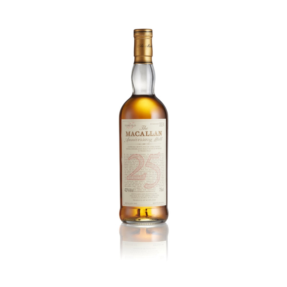 THE MACALLAN 1965 25 YEAR OLD ANNIVERSARY MALT with wooden presentation case 75cl/ 43% Note: The