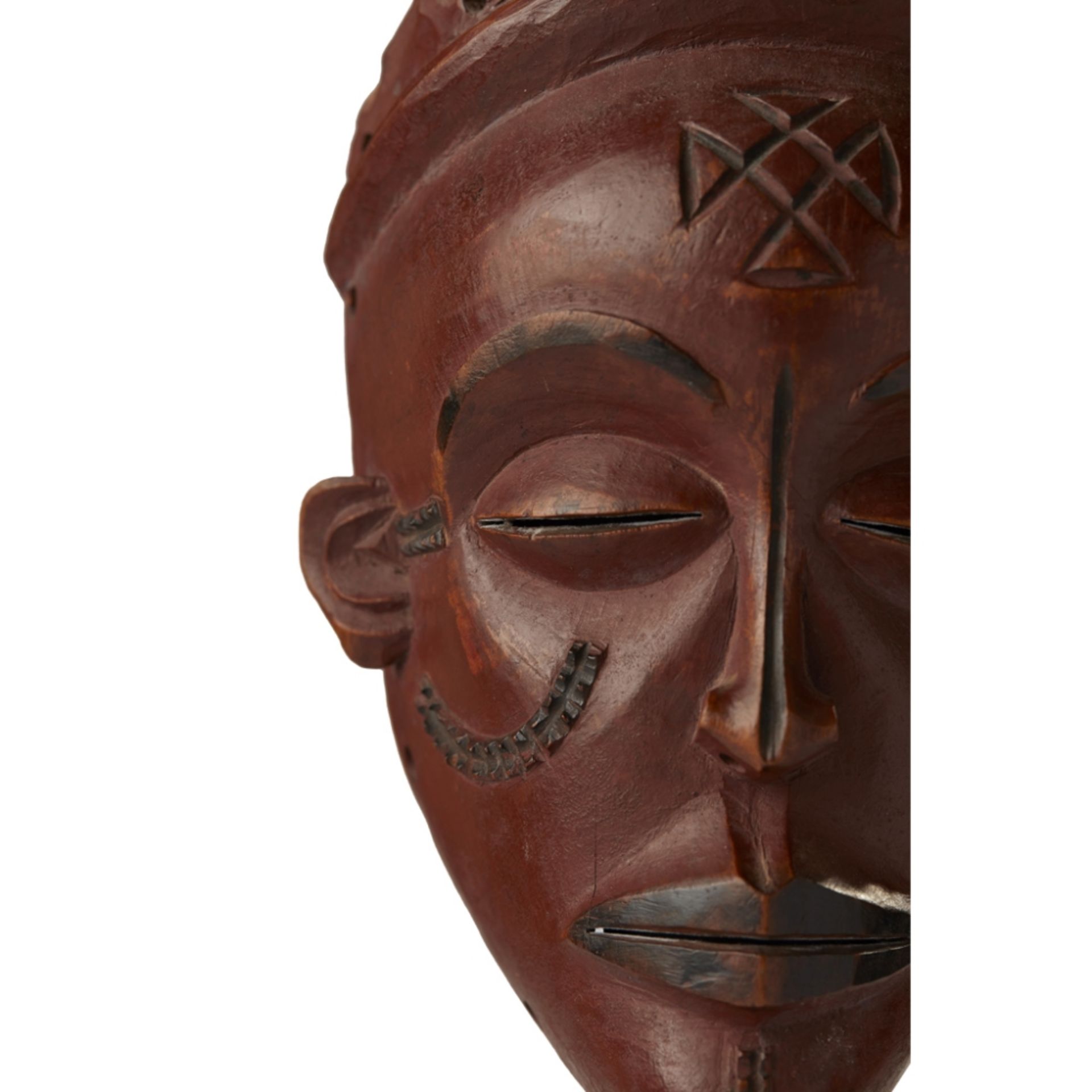 CHOKWE MASK, PWOANGOLA carved wood, the softly curving chin below fractionally parted lips, a medial - Image 2 of 6
