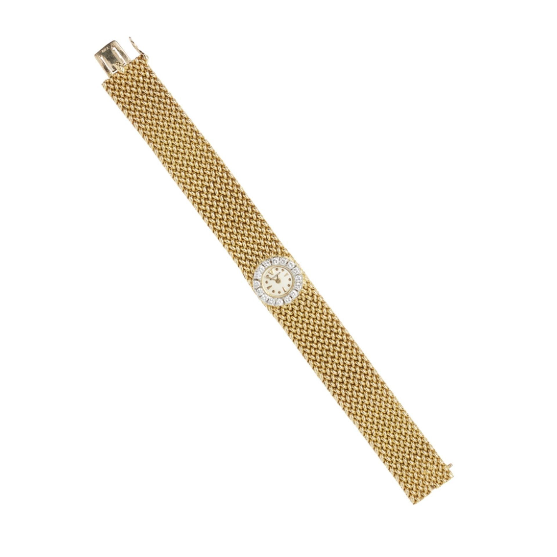 An 18ct gold diamond set lady's wrist-watch, Jaeger le Coultre for Kutchinskythe small silvered dial