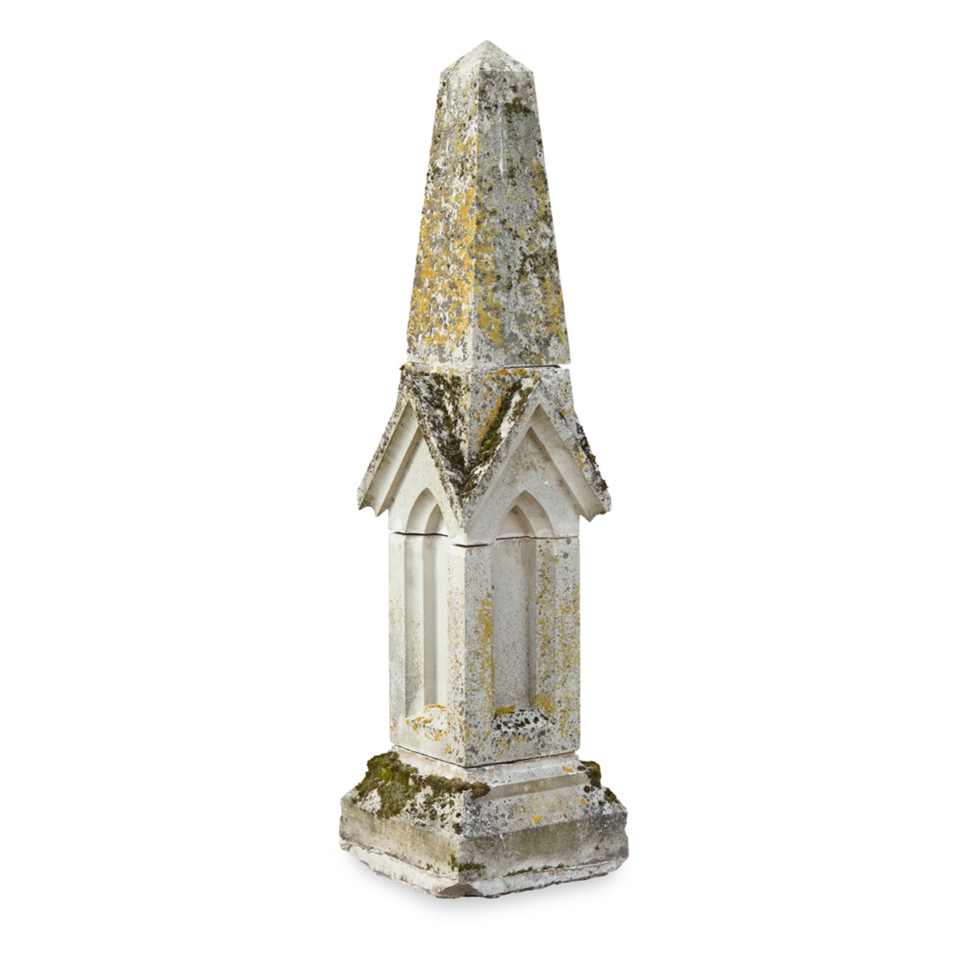 HADDONSTONE 'GOTHIC' OBELISK in four parts, with pointed arch sides 185cm high