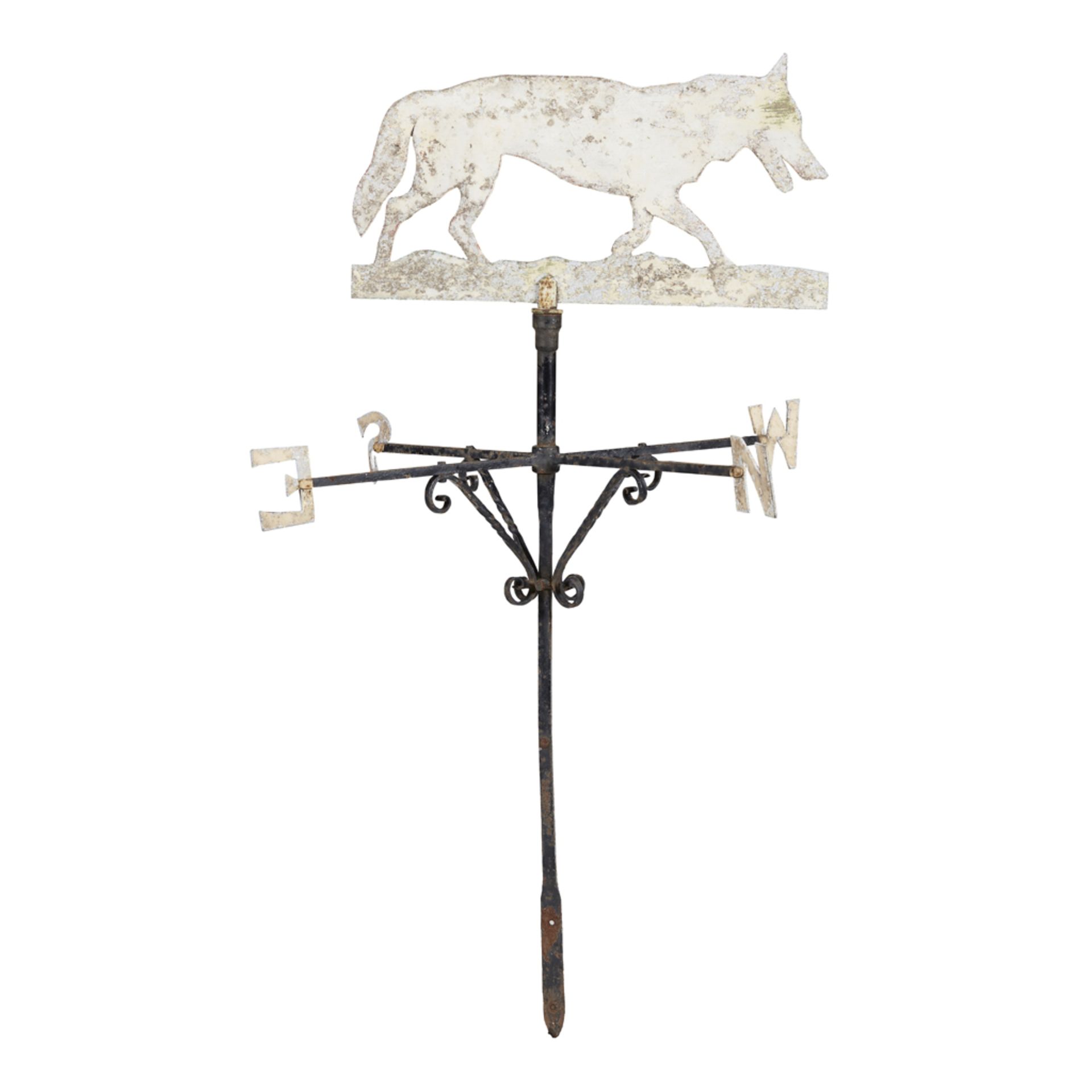 PAINTED METAL AND WROUGHT IRON 'FOX' WEATHER VANE LATE 19TH CENTURY/ EARLY 20TH CENTURY mounted with
