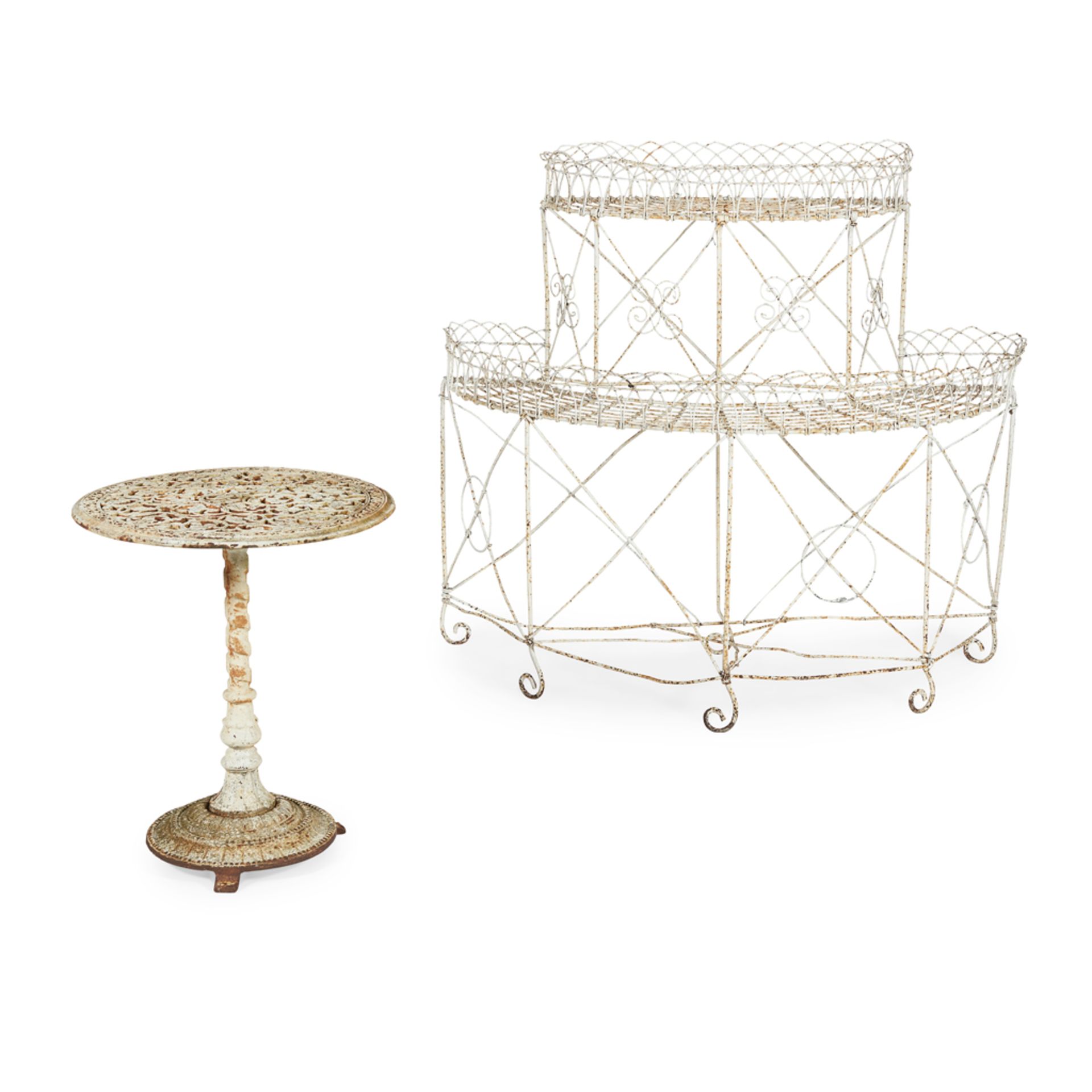 EDWARDIAN WIREWORK PLANT STAND EARLY 20TH CENTURY with two curved tiers; together with an