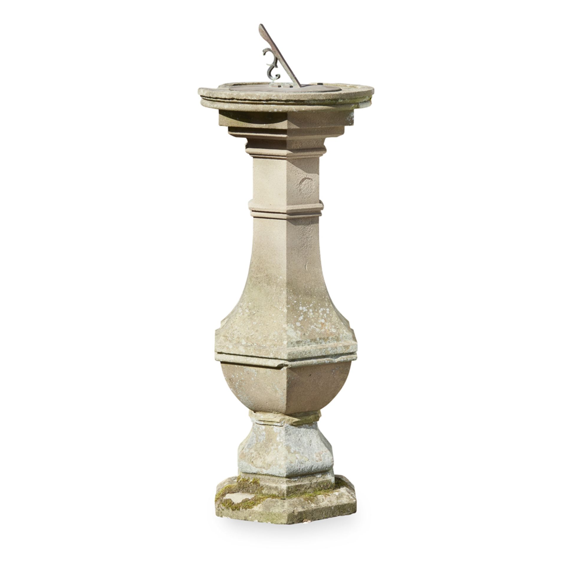 BRONZE SUNDIAL AND SANDSTONE PEDESTAL 19TH CENTURY the dial with an S scroll support, on a