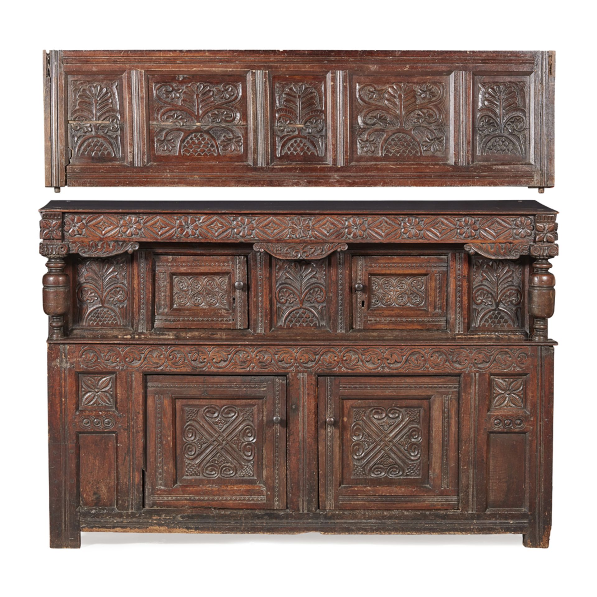 CHARLES I OAK CUPBOARD MID 17TH CENTURY WITH ALTERATIONS the flower head and lozenge carved - Image 3 of 3