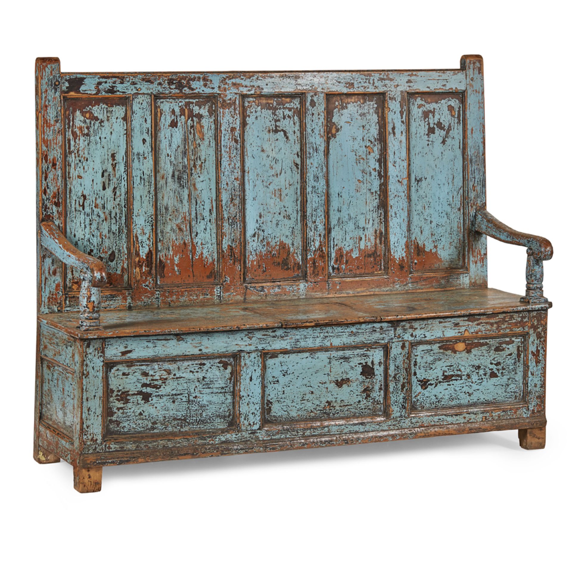 GEORGIAN BLUE PAINTED PINE BOX SETTLE 18TH CENTURY the five panel back above a long seat with a