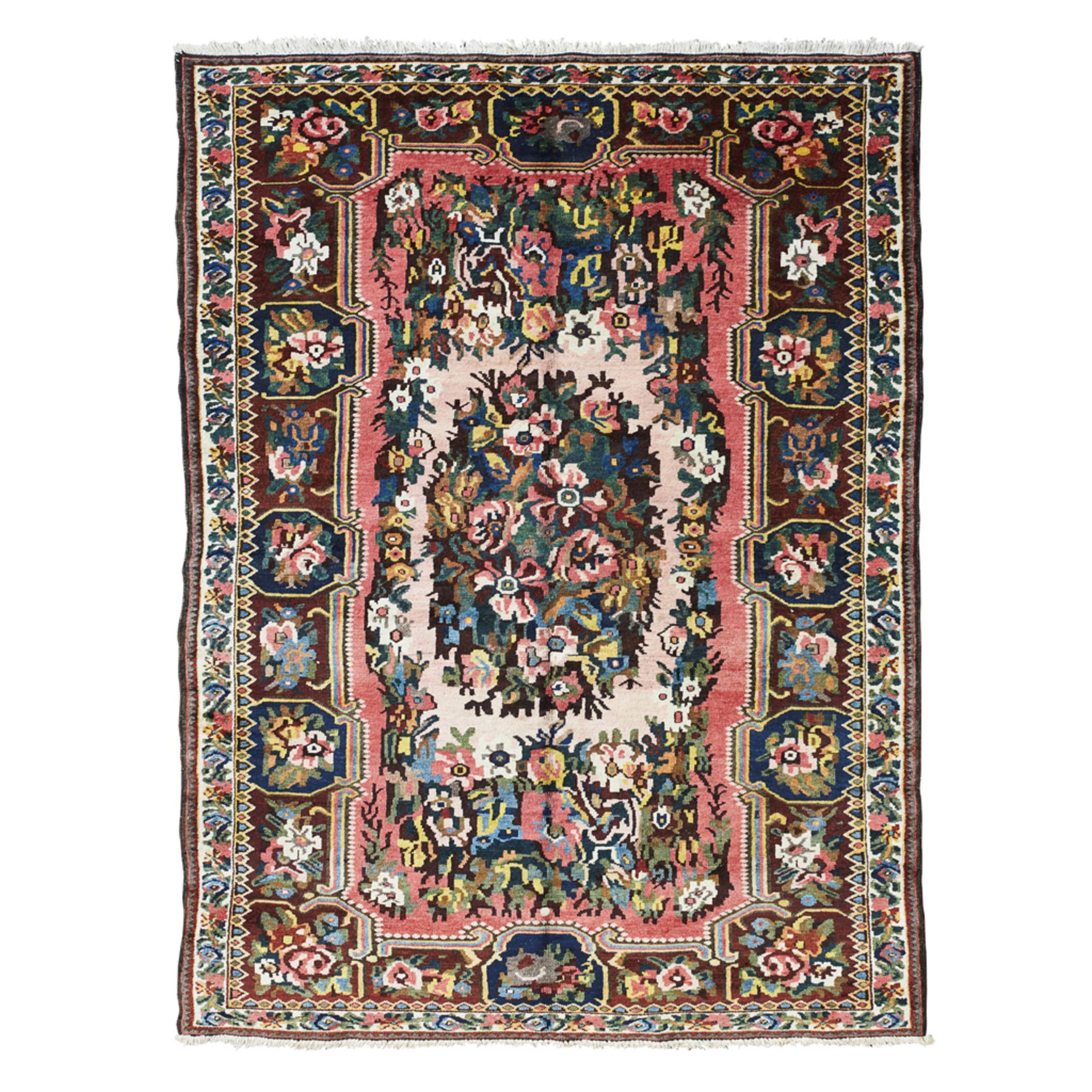 BAKHTIARI RUG WEST PERSIA, 20TH CENTURY the pink field with floral medallion, within brown floral