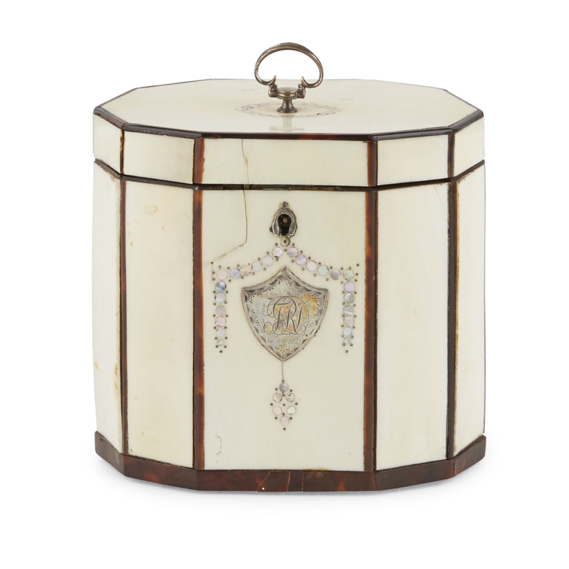 GEORGE III IVORY AND TORTOISESHELL-BANDED TEA CADDY LATE 18TH CENTURY of decahedron form with a loop