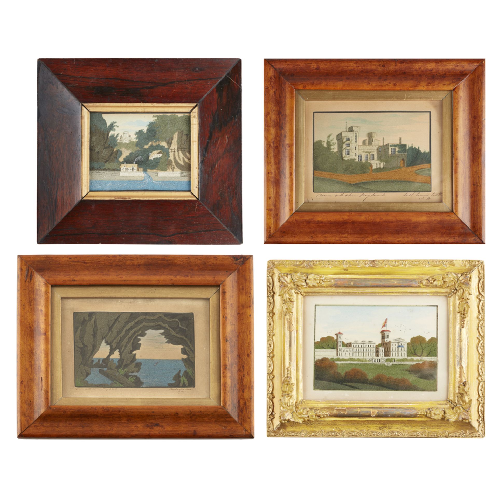 FOUR VICTORIAN ISLE OF WIGHT SAND PICTURES / PAINTINGS 19TH CENTURY comprising Osbourne House, in