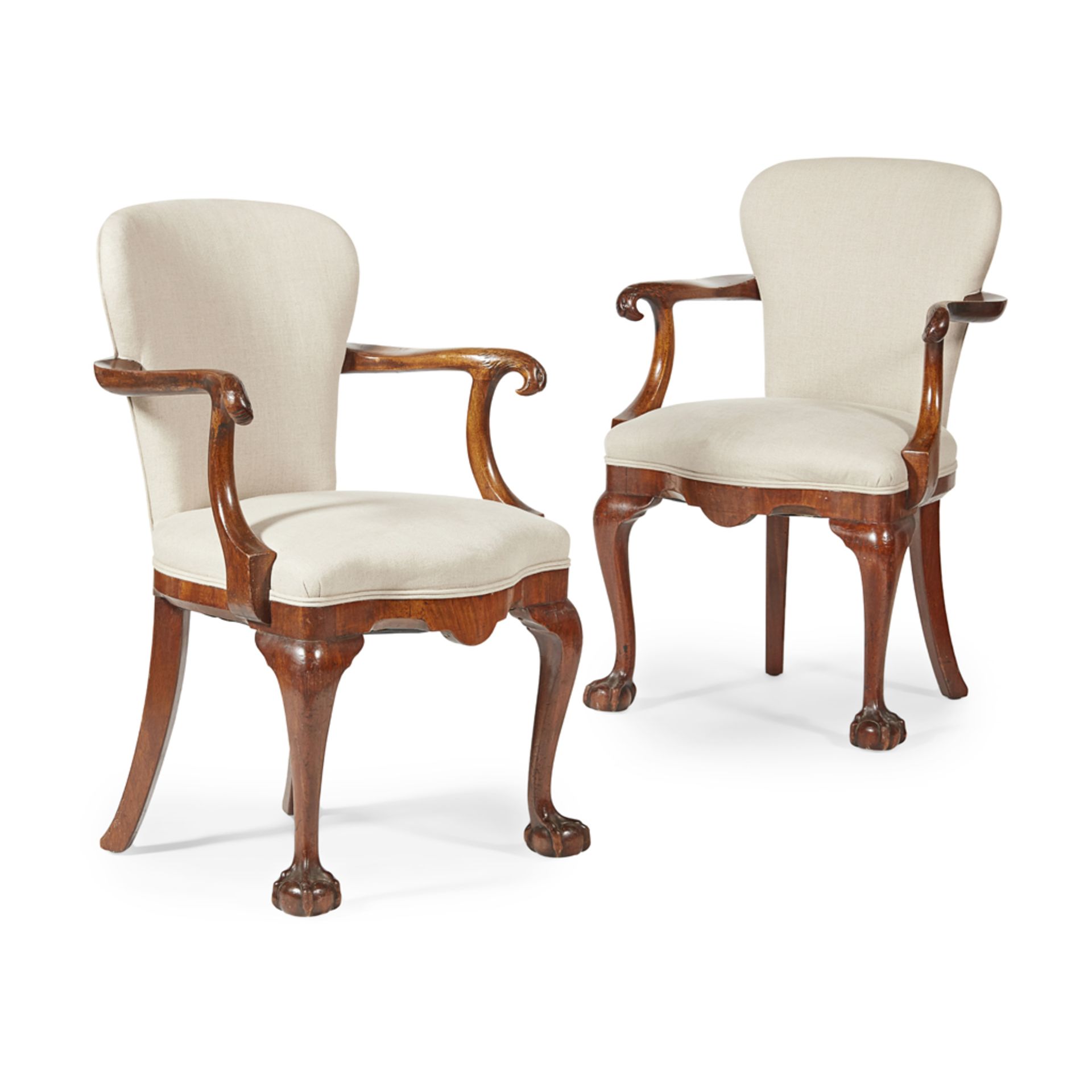 PAIR OF GEORGIAN REVIVAL WALNUT ARMCHAIRS LATE 19TH CENTURY the curved backs above serpentine