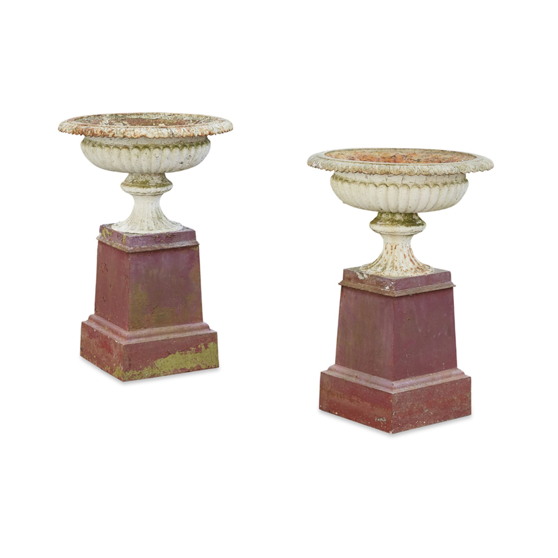 PAIR OF LARGE VICTORIAN CAST IRON URNS AND STANDS LATE 19TH CENTURY of low campana form with egg and