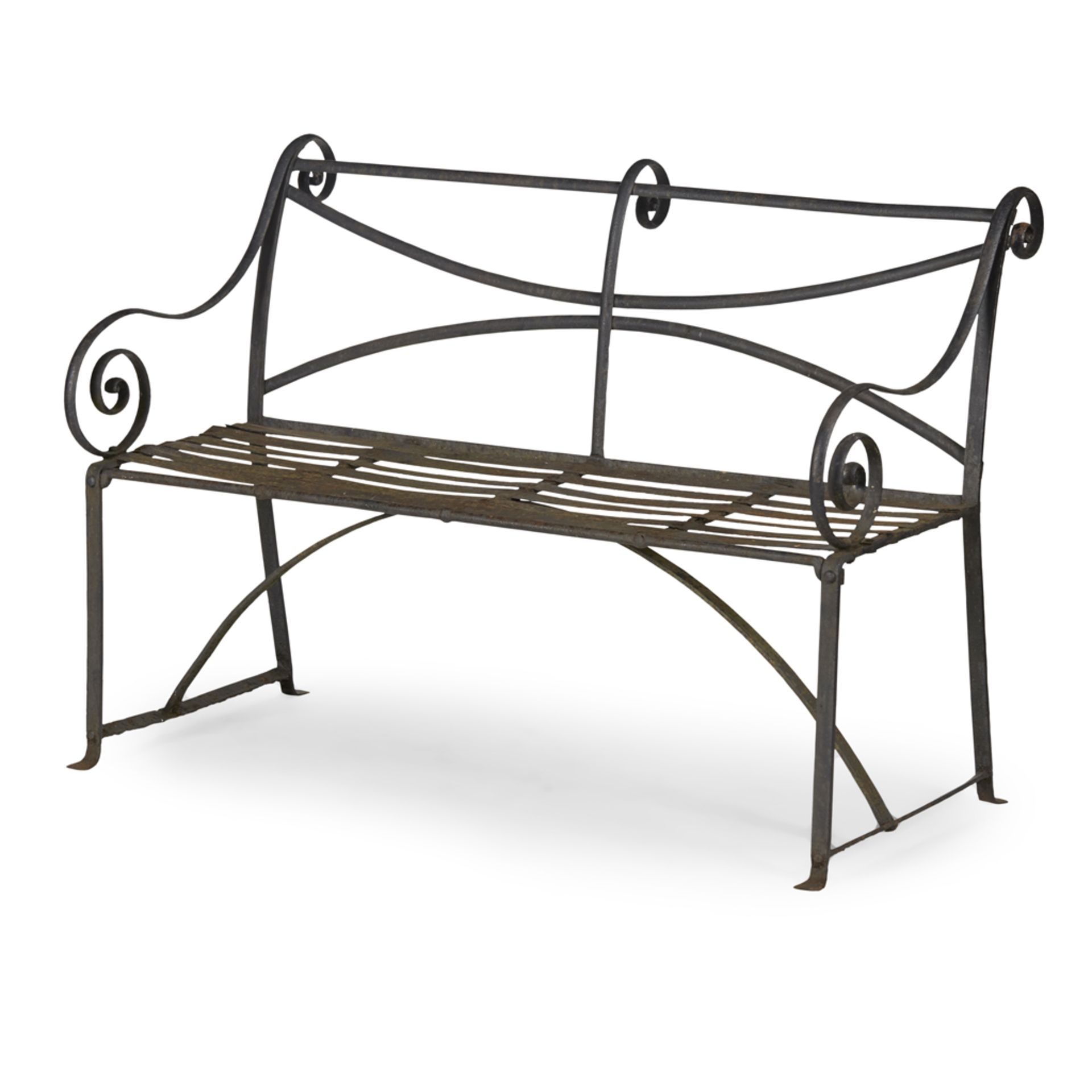 EARLY VICTORIAN WROUGHT IRON GARDEN BENCH EARLY 19TH CENTURY with scroll back and arms above a