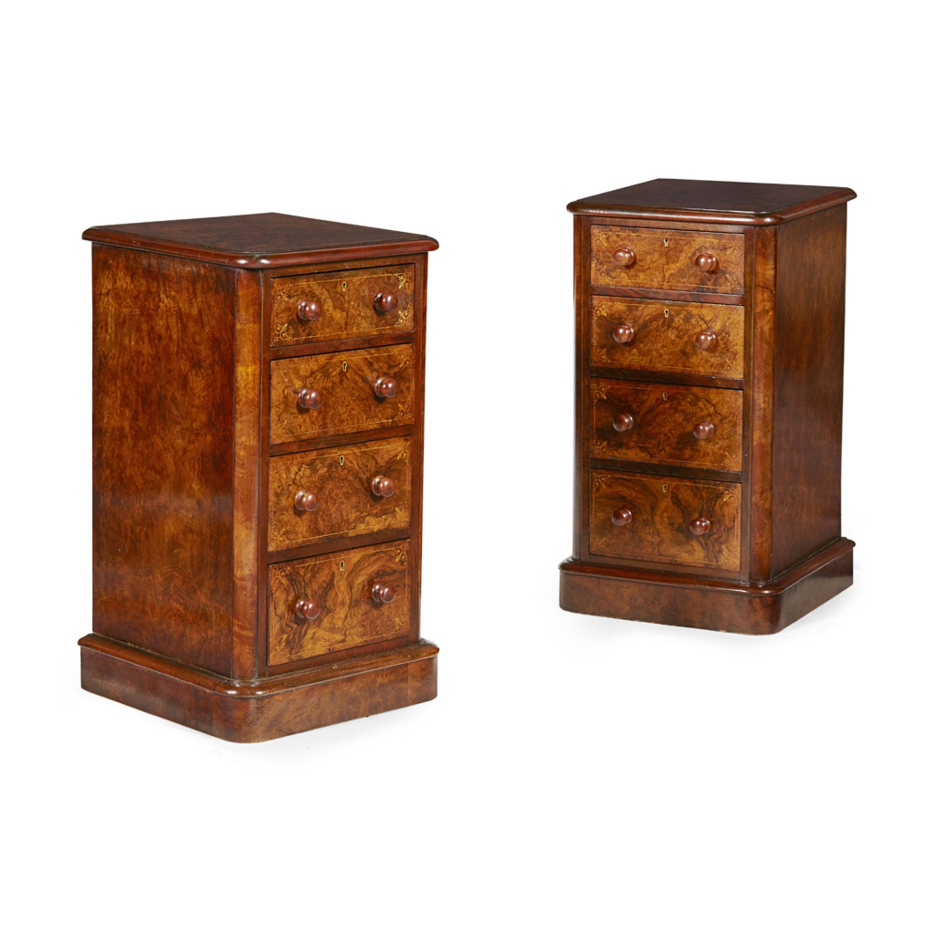 PAIR OF VICTORIAN BURR WALNUT AND INLAY BEDSIDE CHESTS 19TH CENTURY WITH ALTERATIONS the rectangular