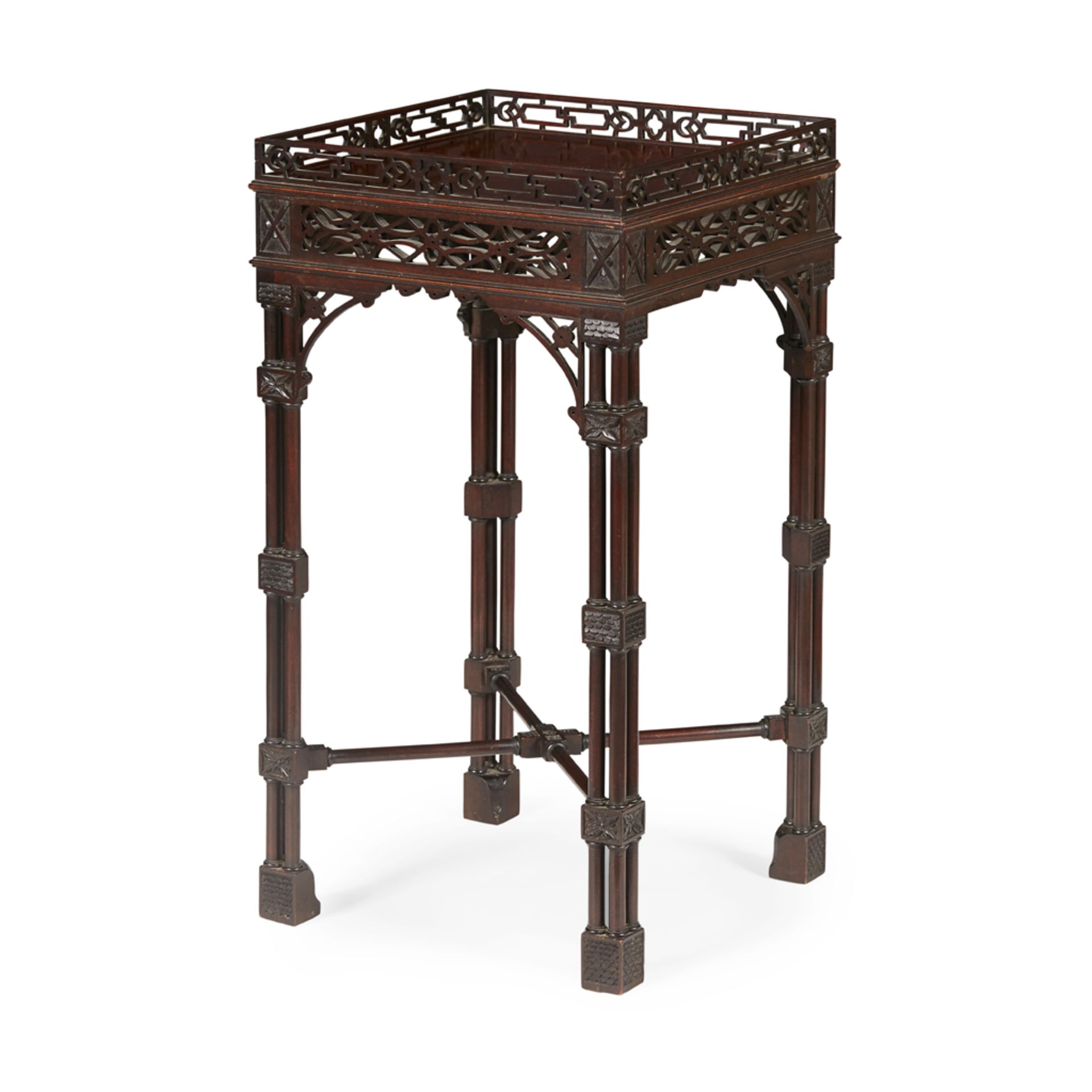 GEORGIAN STYLE MAHOGANY 'CHINESE CHIPPENDALE' URN STAND 20TH CENTURY the square top with a pierced