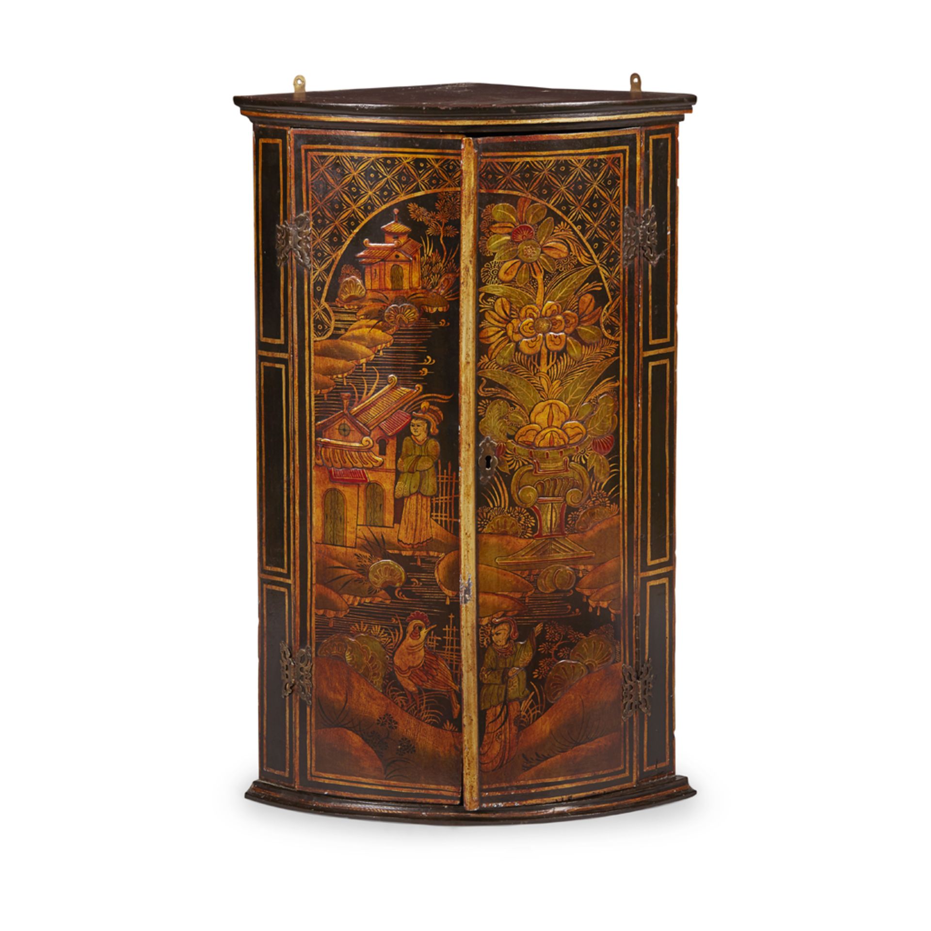 GEORGE III JAPANNED BOWFRONT CORNER CUPBOARD 18TH CENTURY decorated with Chinese figures, flower-