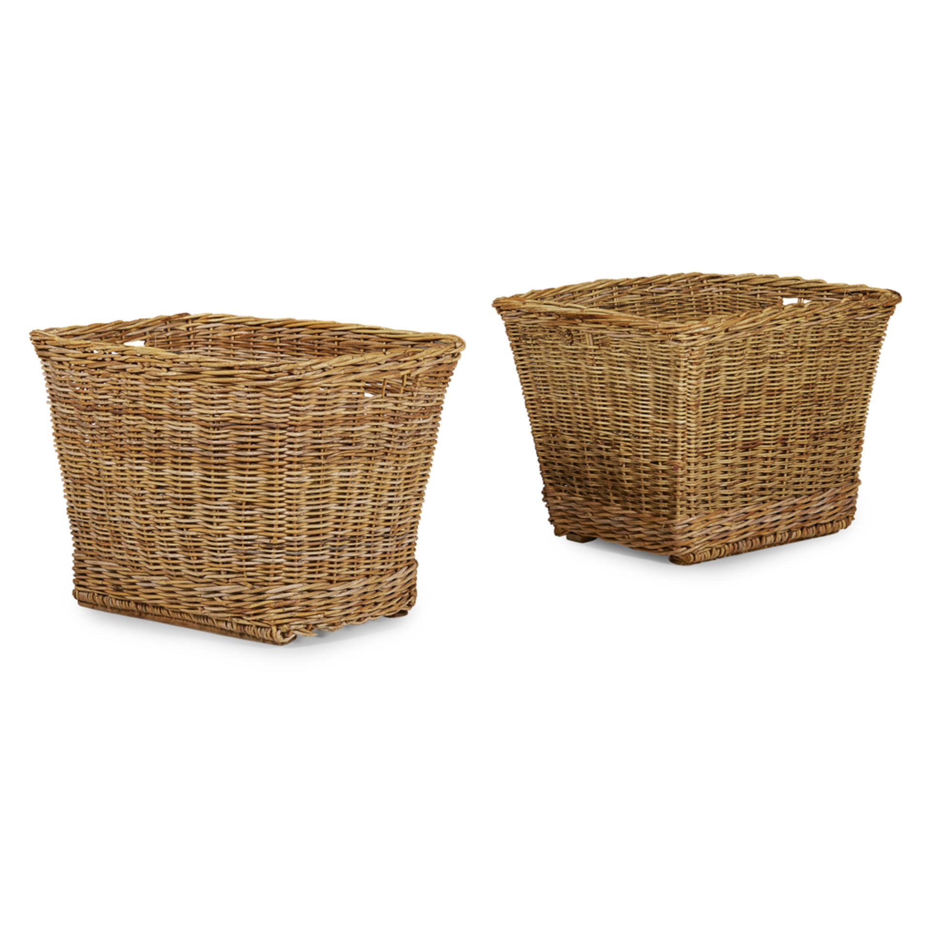 TWO LARGE WICKER LOG BASKETS LATE 19TH CENTURY of tapered rectangular form (2) 89cm wide, 67cm high,