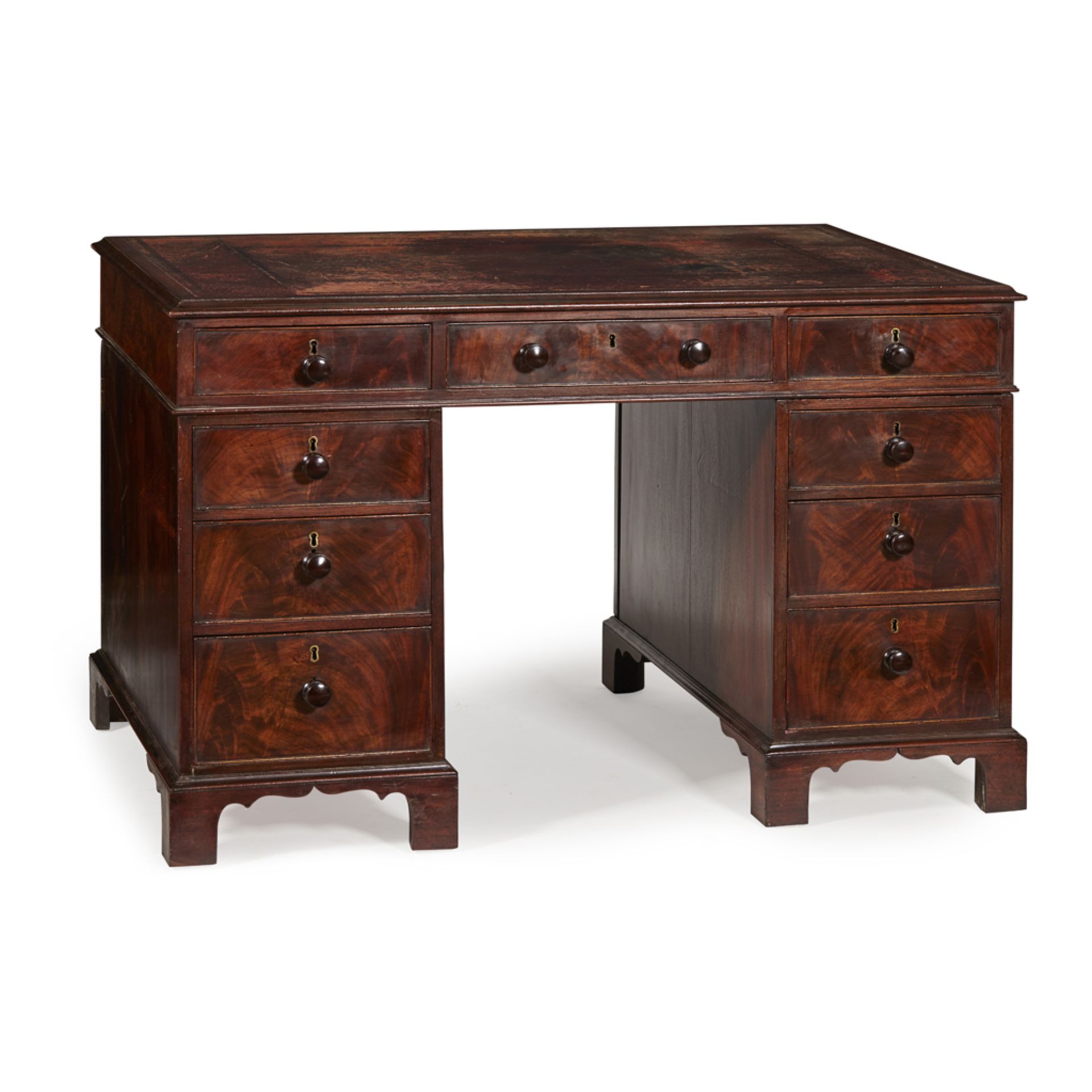 GEORGE III MAHOGANY PEDESTAL DESK LATE 18TH CENTURY the top with a moulded edge and red tooled