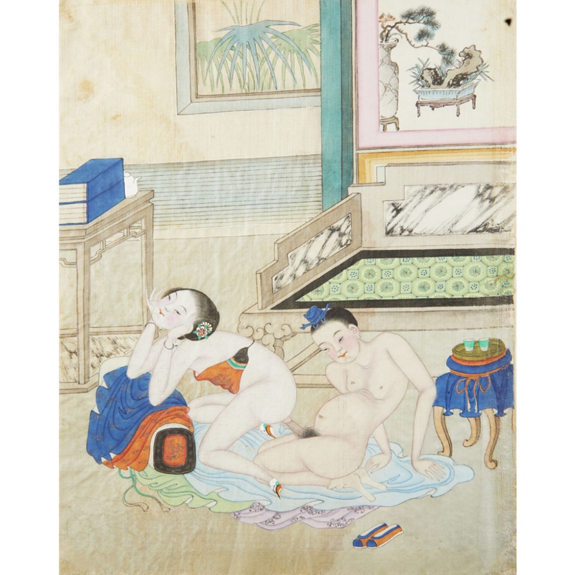 ALBUM OF TWELVE EROTIC PAINTINGSQING DYNASTY, 19TH CENTURY ink and colour on silk, depicting an - Image 4 of 12