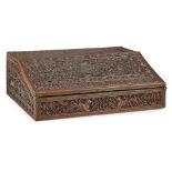 CARVED ANGLO-INDIAN SANDALWOOD LAP DESK19TH CENTURY the exterior elaborately carved with peacocks