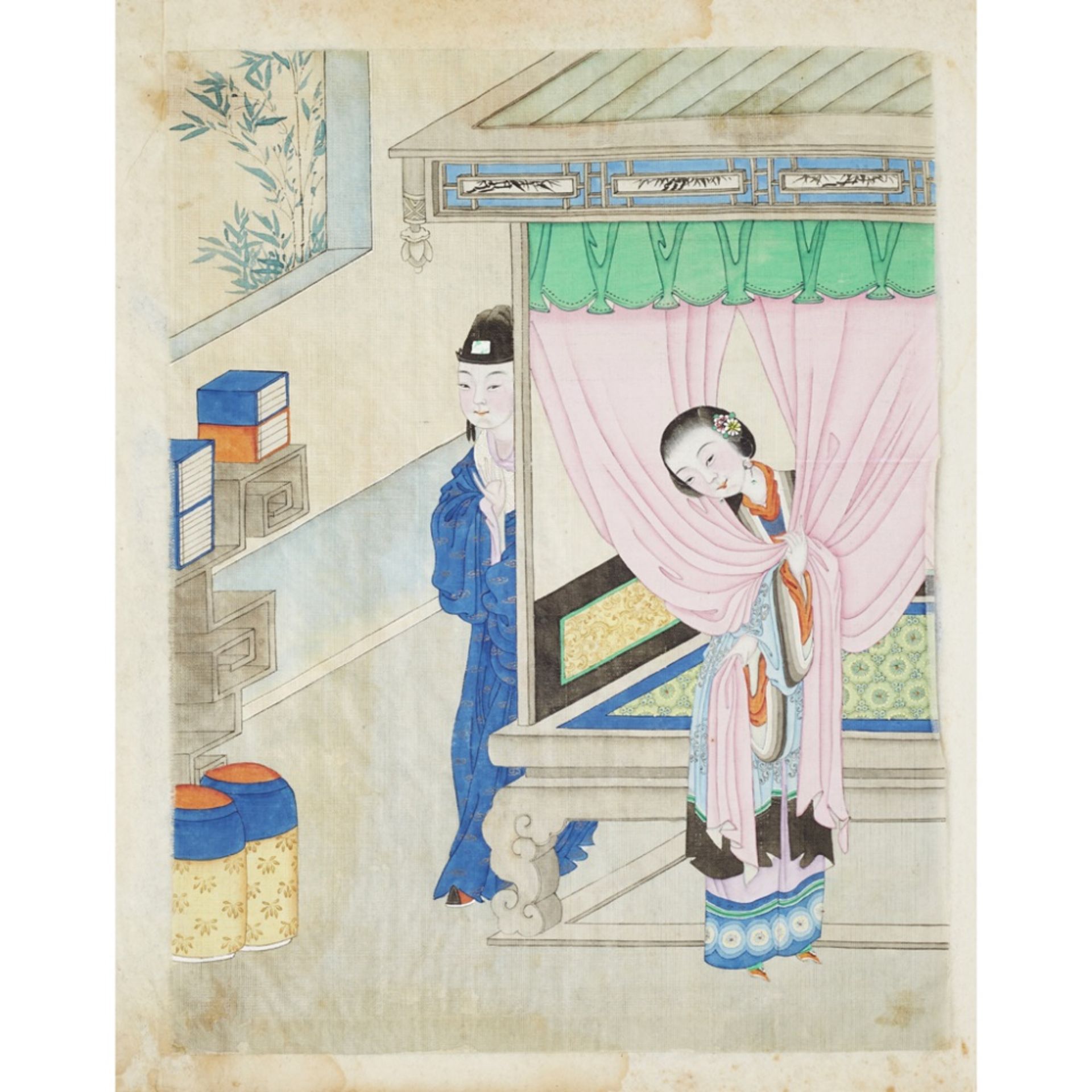 ALBUM OF TWELVE EROTIC PAINTINGSQING DYNASTY, 19TH CENTURY ink and colour on silk, depicting an