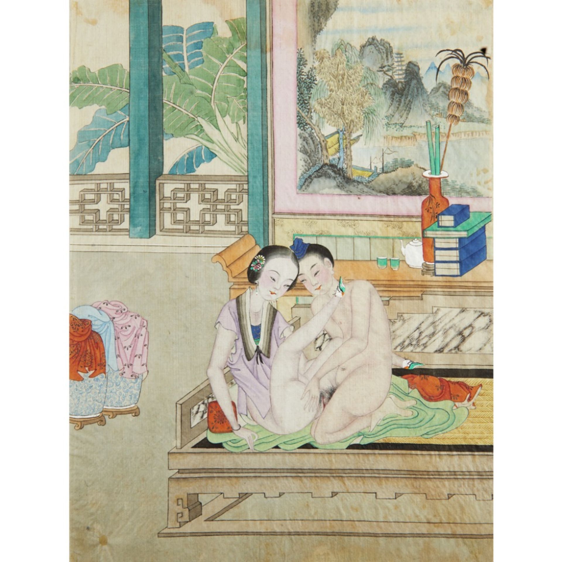 ALBUM OF TWELVE EROTIC PAINTINGSQING DYNASTY, 19TH CENTURY ink and colour on silk, depicting an - Image 12 of 12