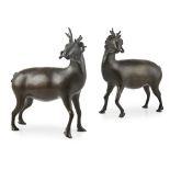 PAIR OF BRONZE DEERQING DYNASTY, 18TH CENTURY each deer realistically modelled standing with head