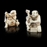 TWO IVORY NETSUKEMEIJI PERIOD depicting Daikokuten holding the golden mallet, and a man picking