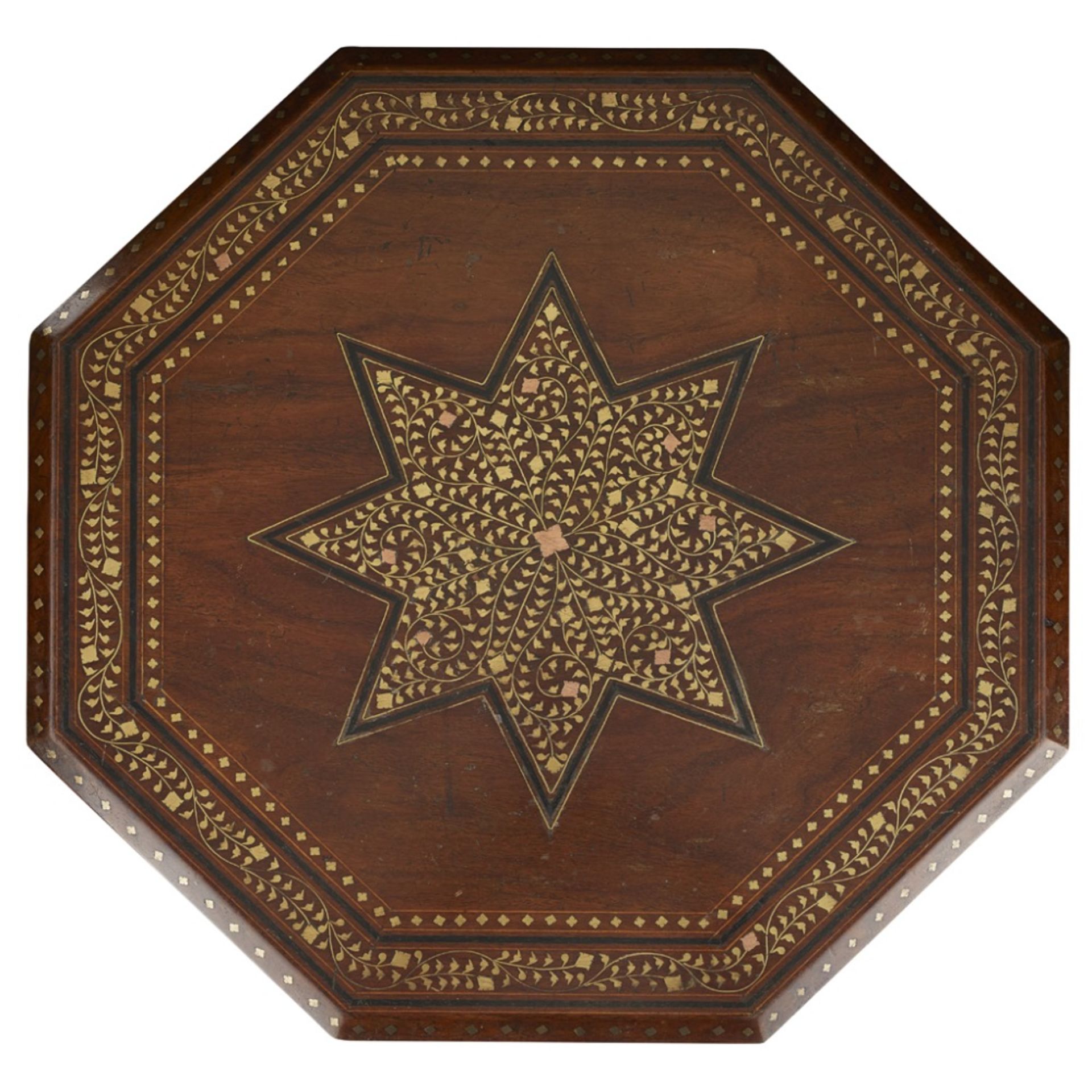 ANGLO-INDIAN BRASS-INLAID OCTAGONAL OCCASIONAL TABLE19TH CENTURY the octagonal top raised on a - Image 2 of 2