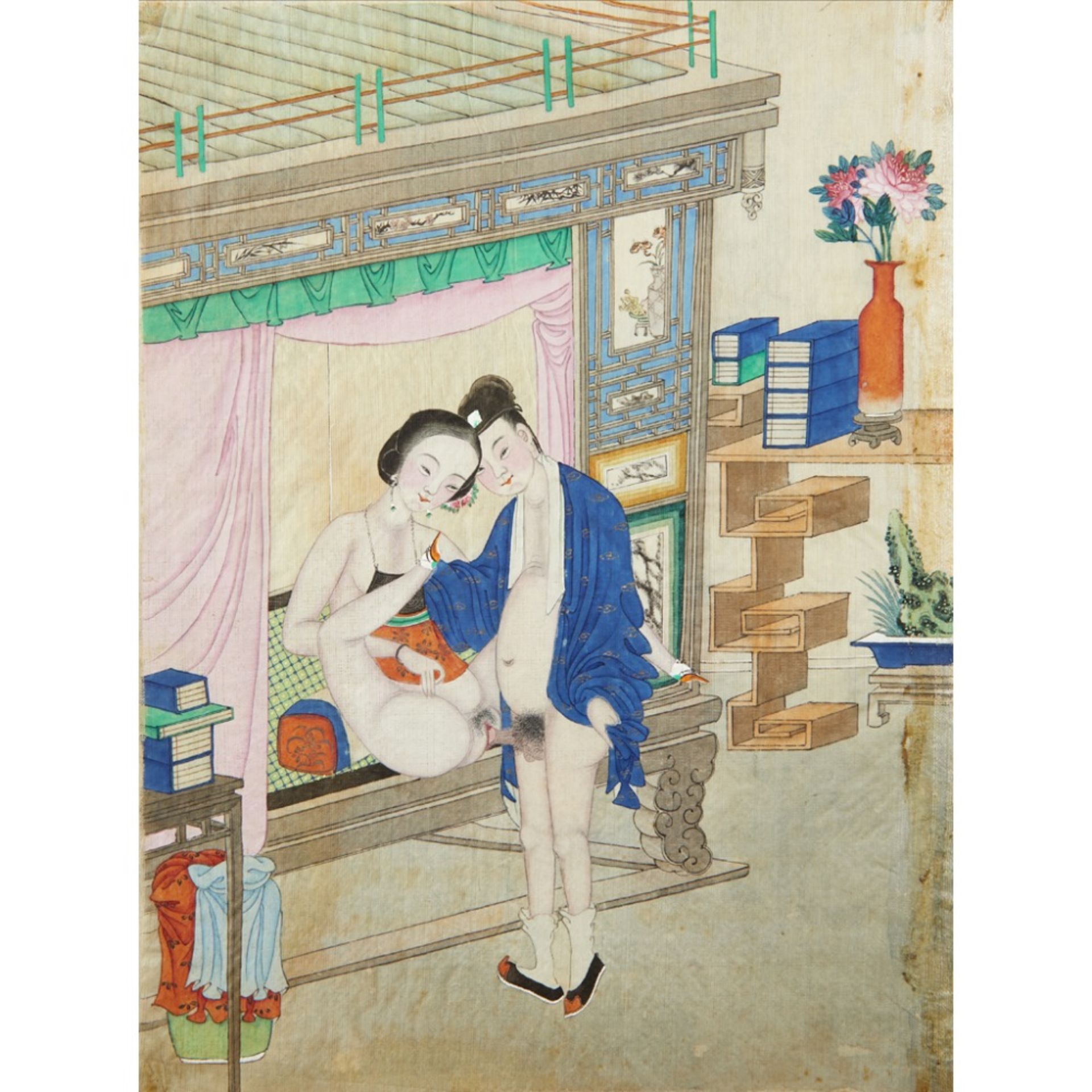 ALBUM OF TWELVE EROTIC PAINTINGSQING DYNASTY, 19TH CENTURY ink and colour on silk, depicting an - Image 11 of 12