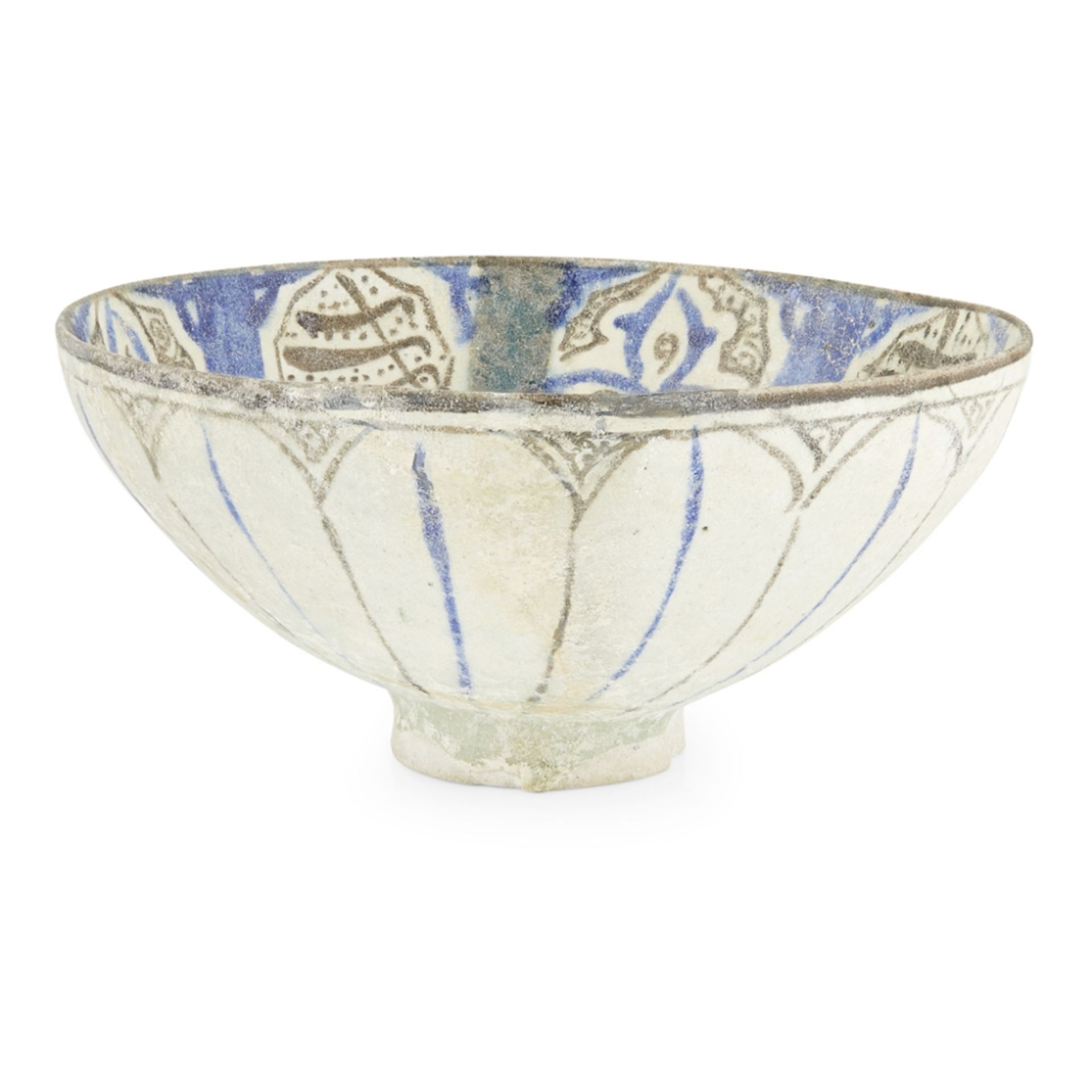 KASHAN UNDERGLAZE-PAINTED POTTERY BOWLPERSIA, 13TH CENTURY of deep rounded form on a short foot, the - Image 2 of 2