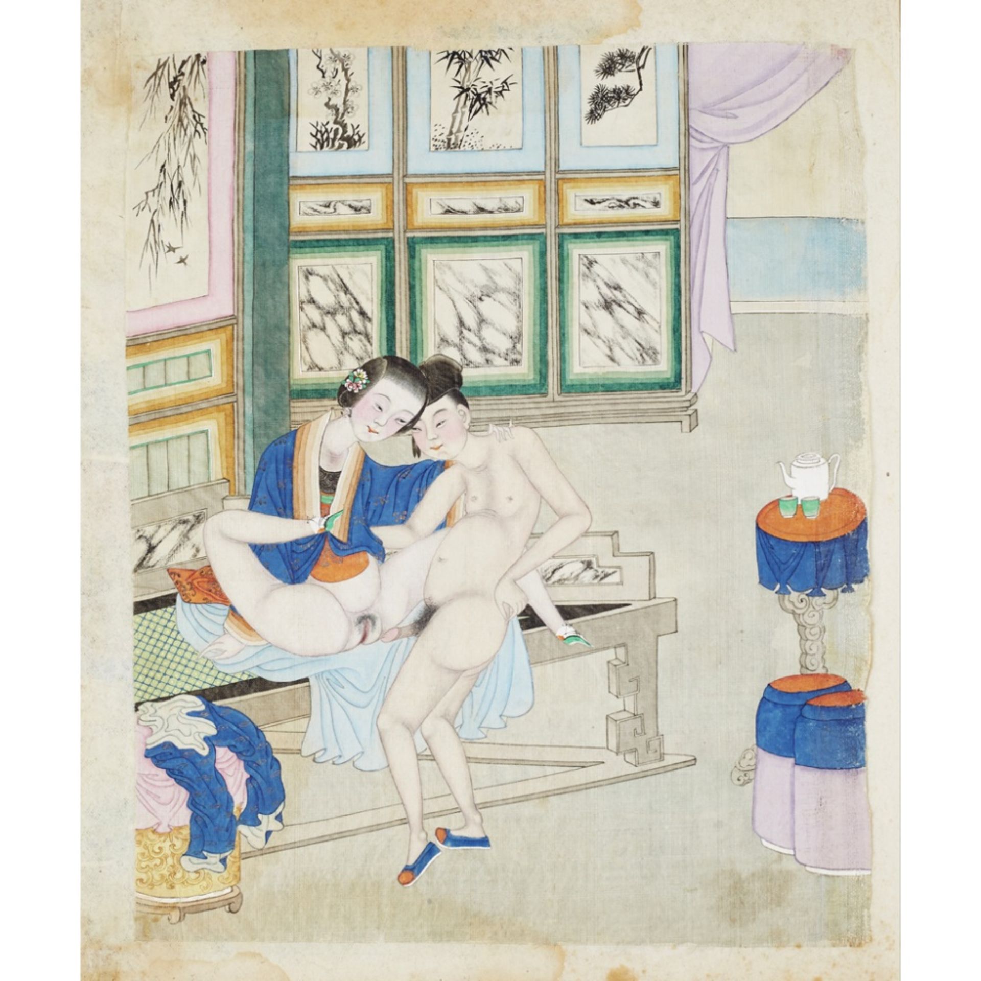 ALBUM OF TWELVE EROTIC PAINTINGSQING DYNASTY, 19TH CENTURY ink and colour on silk, depicting an - Image 2 of 12