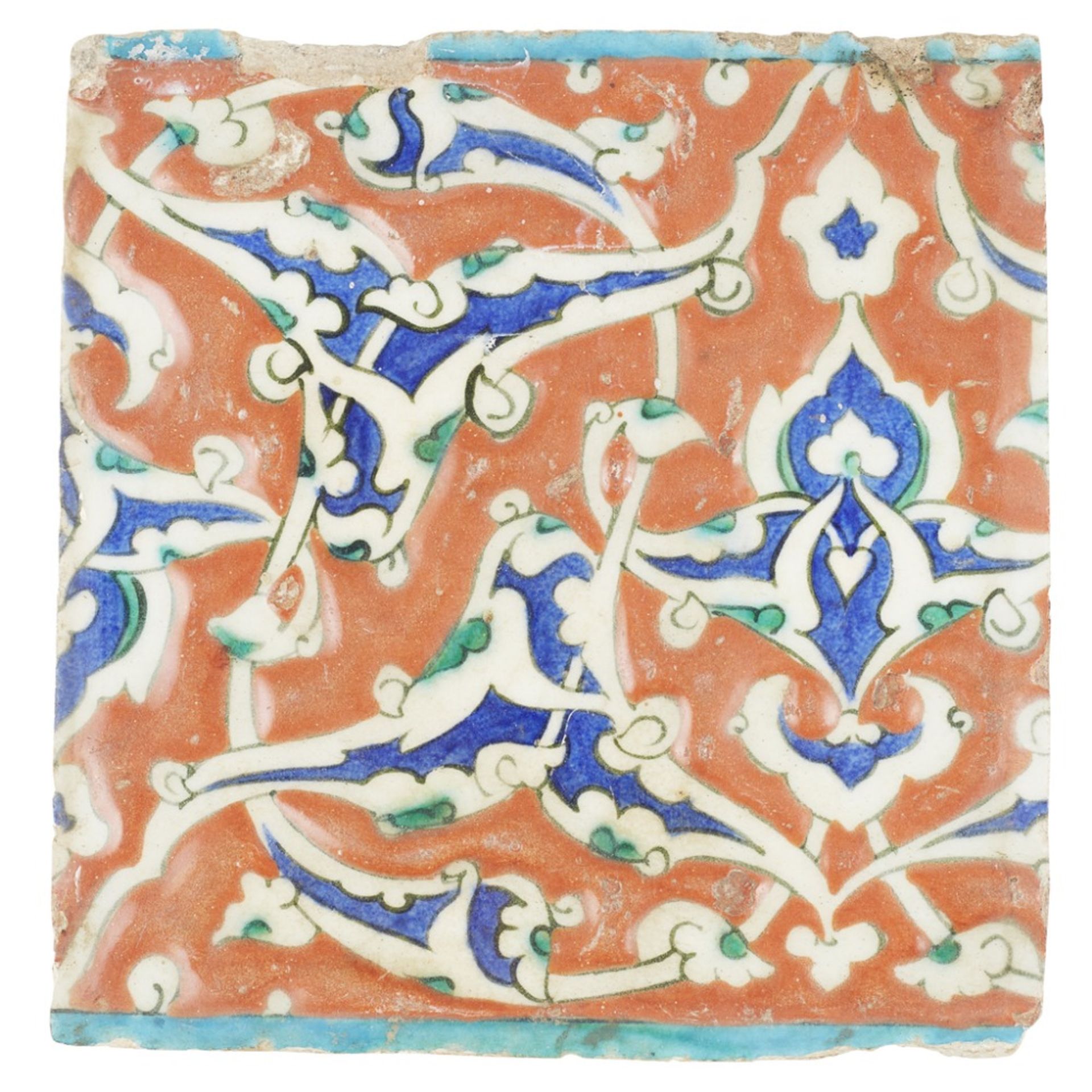 IZNIK UNDERGLAZE-PAINTED POTTERY BORDER TILEOTTOMAN TURKEY, CIRCA 1575-80 of square form,