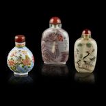 THREE GLASS SNUFF BOTTLES20TH CENTURY comprising: an inside painted bottle, painted with a