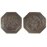 PAIR OF BRONZE OCTAGONAL PLAQUESQING DYNASTY the first cast in low relief with the immortal Han