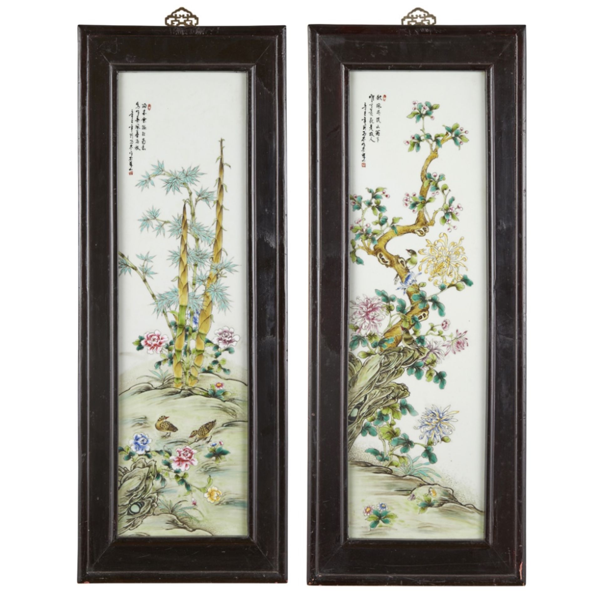 TWO POLYCHROME ENAMELLED PORCELAIN PLAQUESAFTER LIU YUCEN, 20TH CENTURY each depicting a pair of