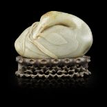 LARGE CELADON JADE MODEL OF A GOOSEQING DYNASTY, 18TH/19TH CENTURY carved in the round as a goose