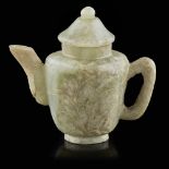 SMALL GREEN JADE TEAPOT AND COVERQING DYNASTY, 19TH CENTURY carved with a domed cover, the ovoid