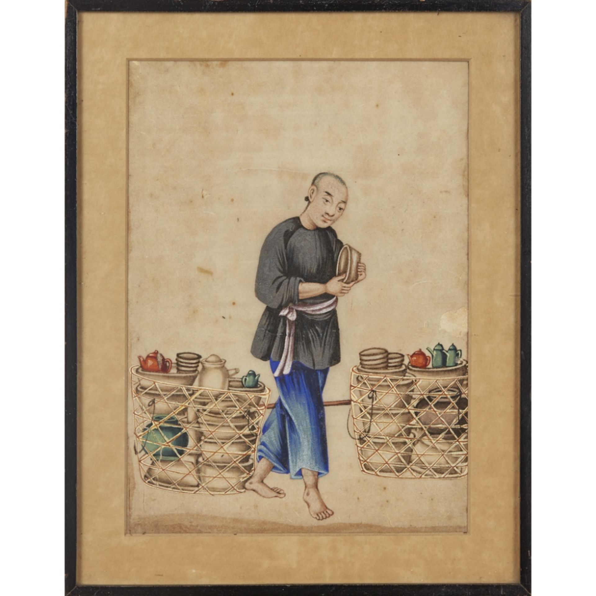 FIVE RICE PAPER PAINTINGS DEPICTING STREET VENDORSQING DYNASTY, 19TH CENTURY ink and colour on