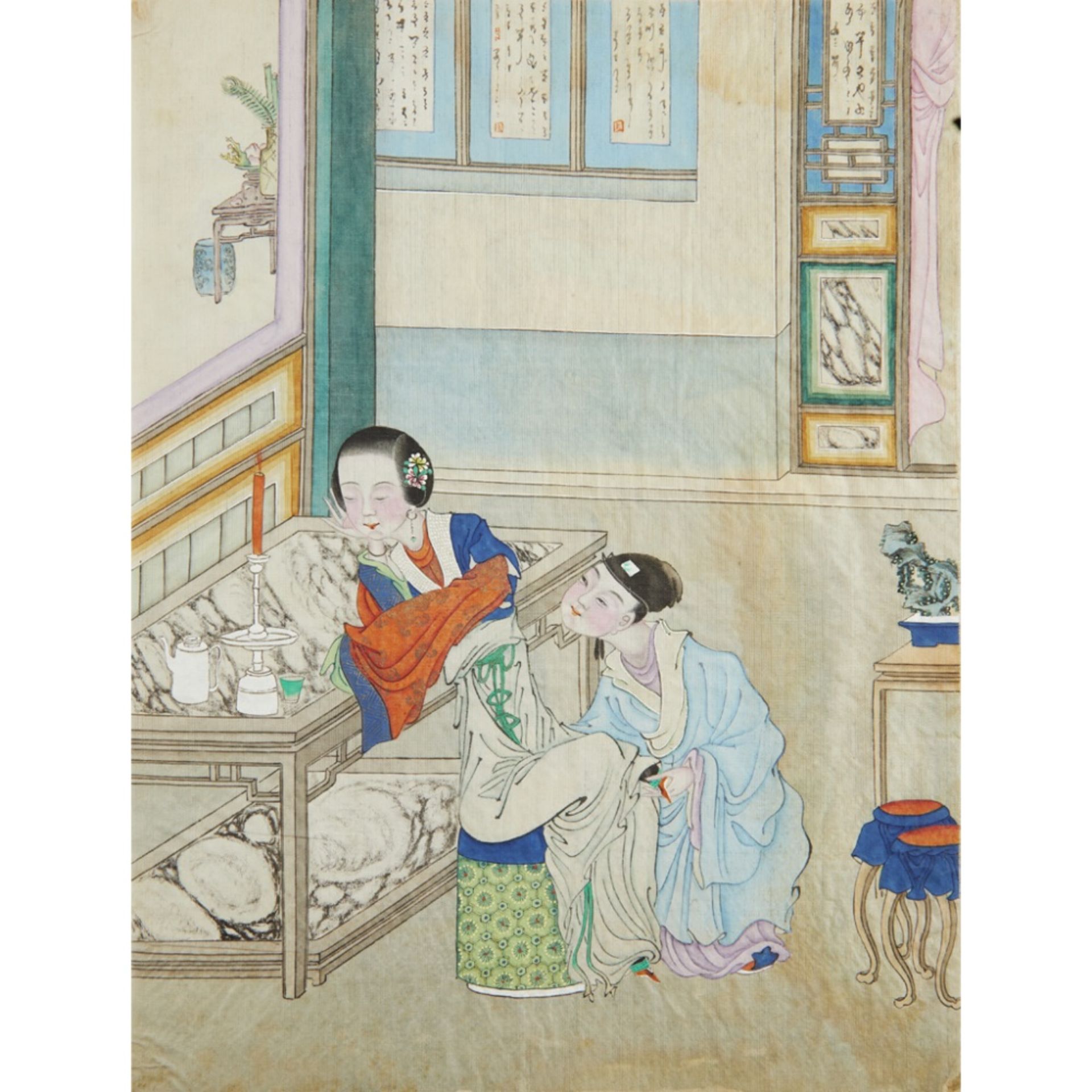 ALBUM OF TWELVE EROTIC PAINTINGSQING DYNASTY, 19TH CENTURY ink and colour on silk, depicting an - Image 10 of 12