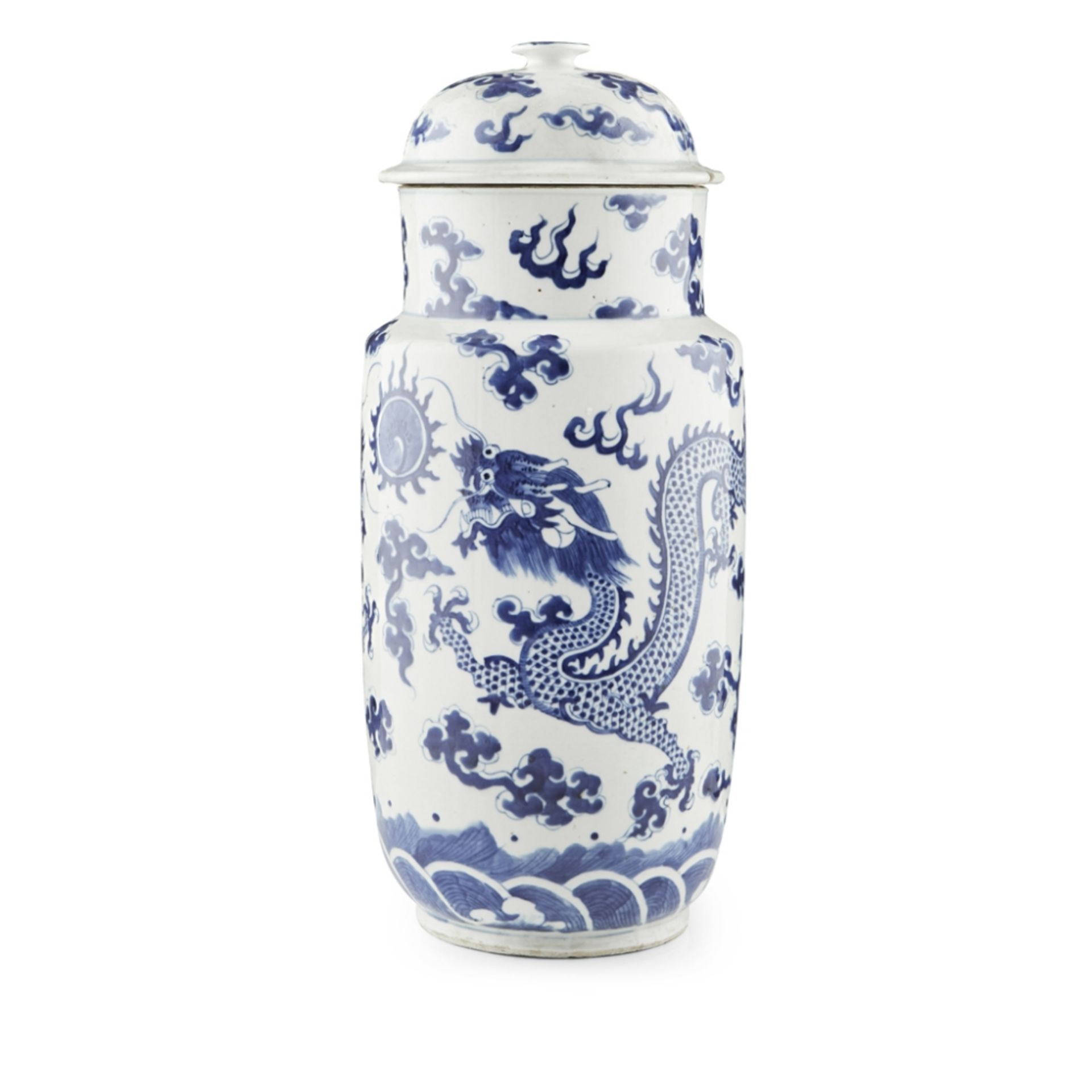 BLUE AND WHITE 'DRAGON' VASE AND COVERQING DYNASTY, 19TH CENTURY the tall cylindrical body rising to