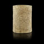IVORY BRUSH POTMING DYNASTY the cylindrical vessel carved in low relief with a scholar-official