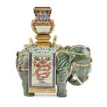 CLOISONNÉ ENAMEL AND SPINACH-GREEN JADE 'ELEPHANT AND VASE' GROUPthe spinach green jade
