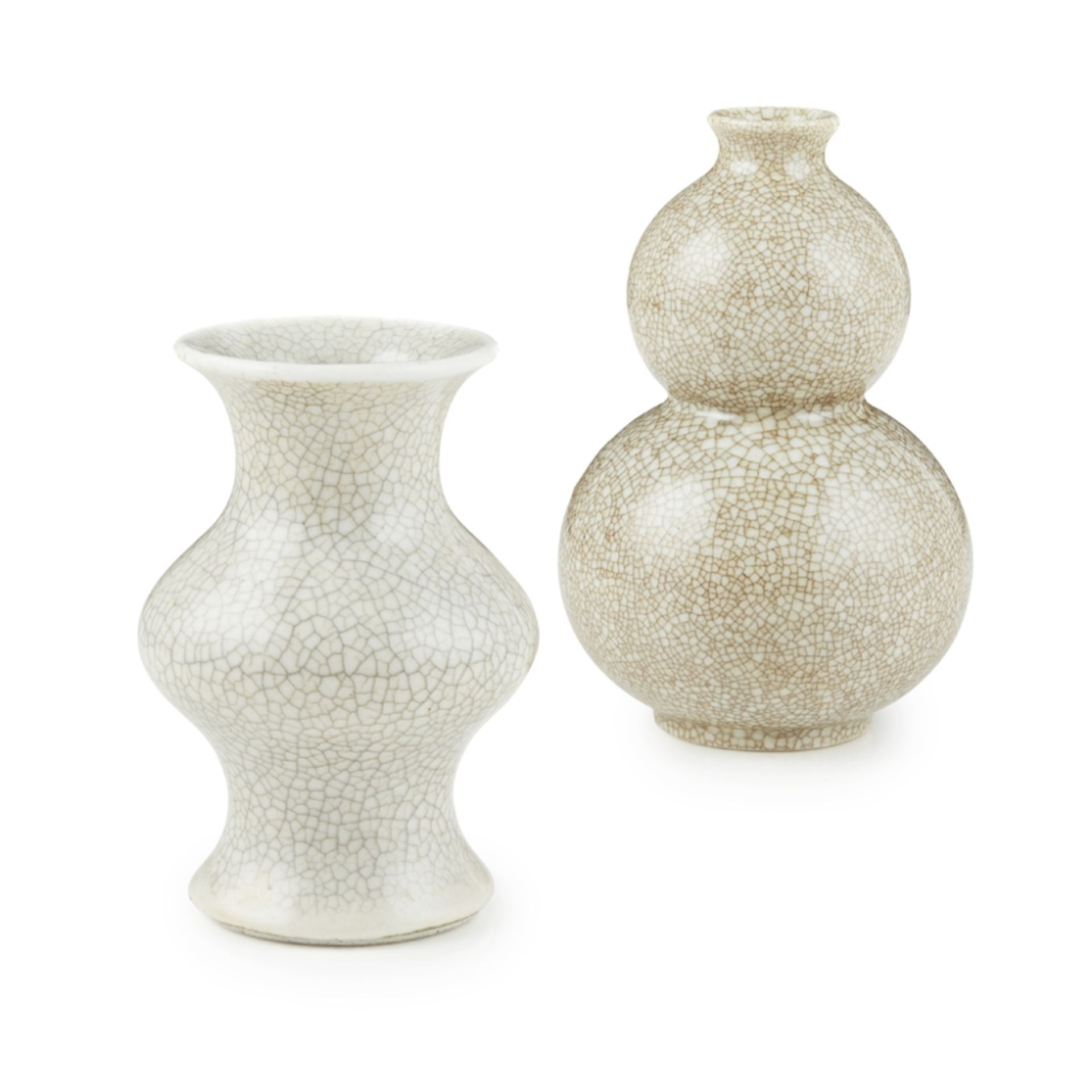 TWO CRACKLE-GLAZED GE-TYPE VASEScomprising a double-gourd vase and a baluster vase, each applied