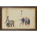 TWO PITH PAPER PAINTINGSQING DYNASTY, 19TH CENTURY depicting rice husking and tea plucking, framed
