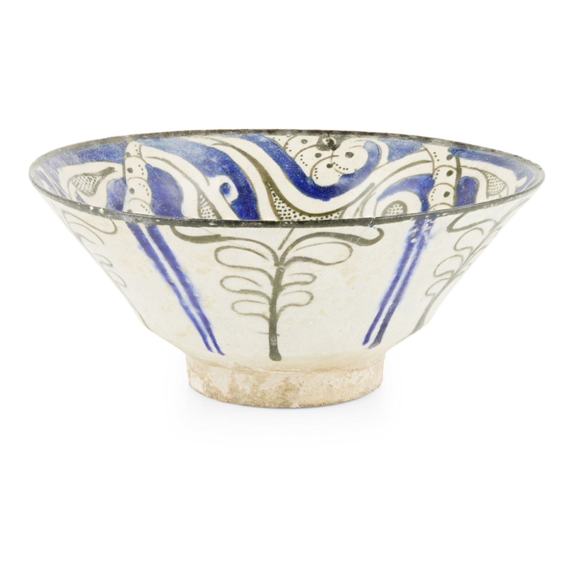 KASHAN BLUE AND WHITE UNDERGLAZE-PAINTED POTTERY BOWLPERSIA, 13TH CENTURY of conical form on a short - Image 2 of 2