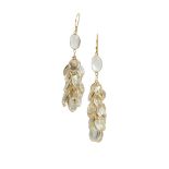 A pair of moonstone pendant earrings each modelled as a tassel collet set with oval moonstone