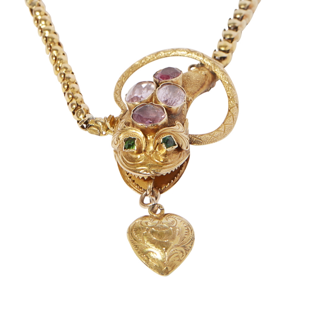 A Victorian gem set snake necklace the head set with four oval and cushion cut foil backed - Image 3 of 3