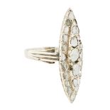 A diamond set navette cluster ring set throughout with rose cut diamonds and diamond chips, the