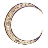 A polki diamond set crescent unmarked, the crescent with an enamel blue border, pavé set polki