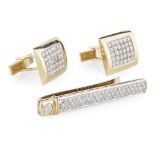 A pair of diamond set gentleman's cufflinks and tie-clip the cufflinks with rectangular terminal