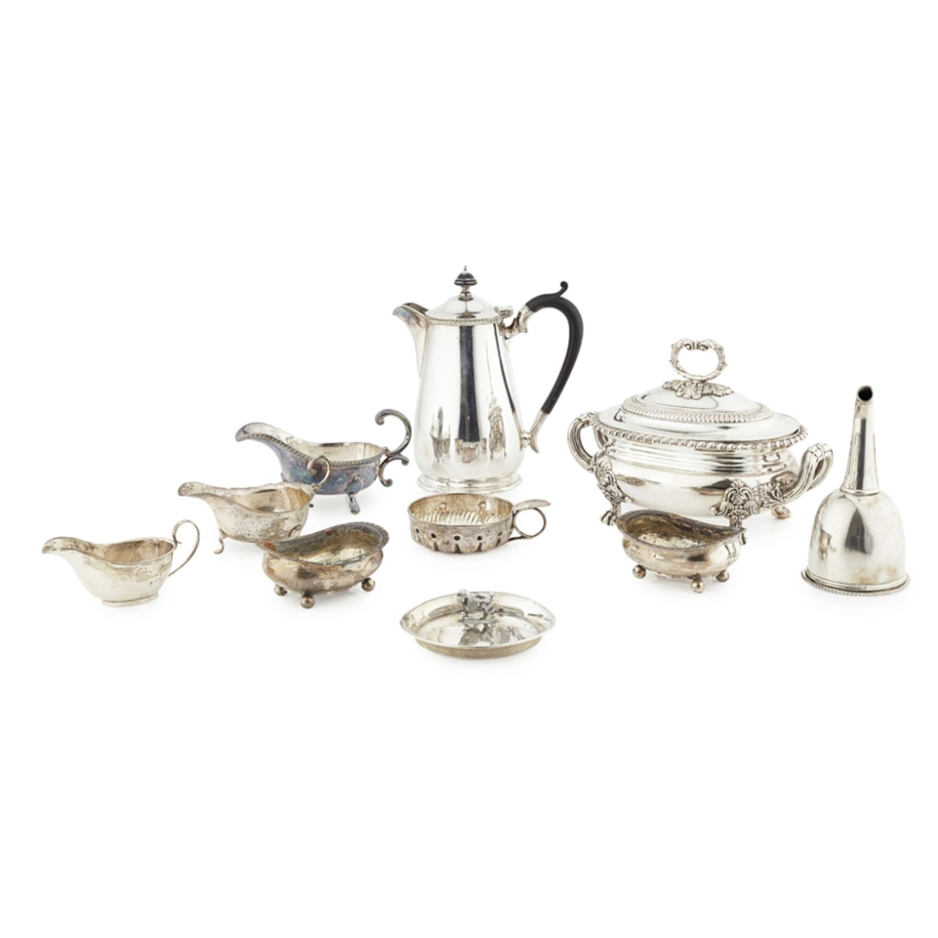 A group of miscellaneous small silver to include; two small sauce boats; a pin tray with standing